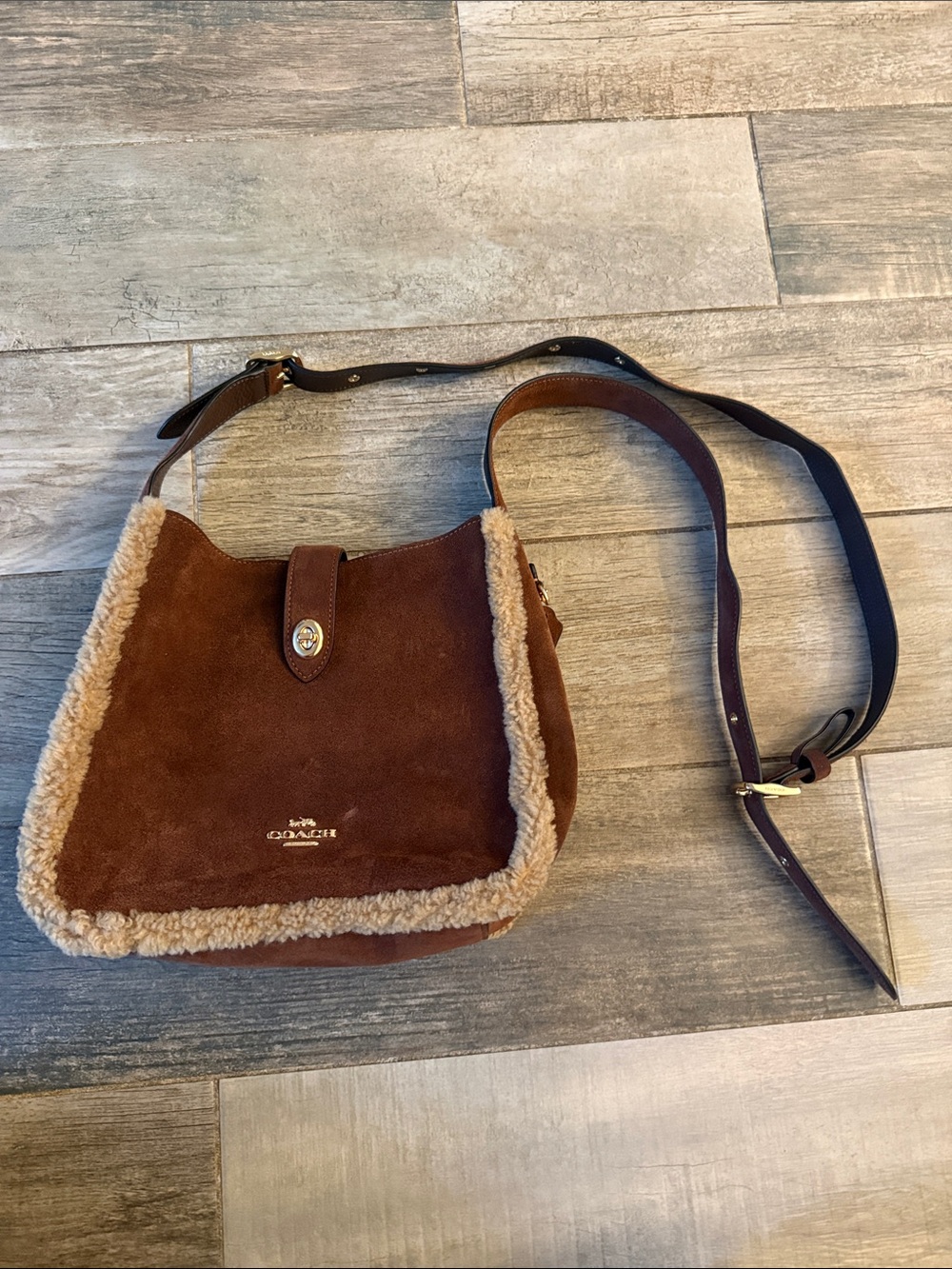 Coach Hadley Brown Suede Crossbody with Cream Shearling Trim